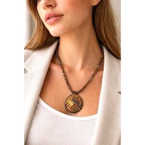 Bohemian Pearl Necklace with Shell Pendant 20” • Brown Freshwater Pearls